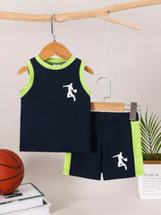 Navy basketball tank and shorts set with lime green trim and white basketball player graphic.