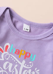 Purple baby bodysuit with "Happy Easter" graphic and bunny ears detail.