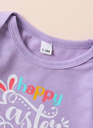 Purple baby bodysuit with "Happy Easter" graphic and bunny ears detail.