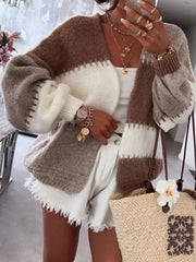 Pastel Harmony Open Front Cardigan in brown and white with balloon sleeves and a relaxed fit.
