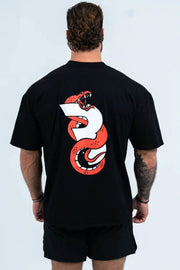 Black oversized graphic tee with a red snake design on the back.
