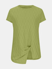 Yellow-green textured tee with short sleeves and a knot-front asymmetric hem.