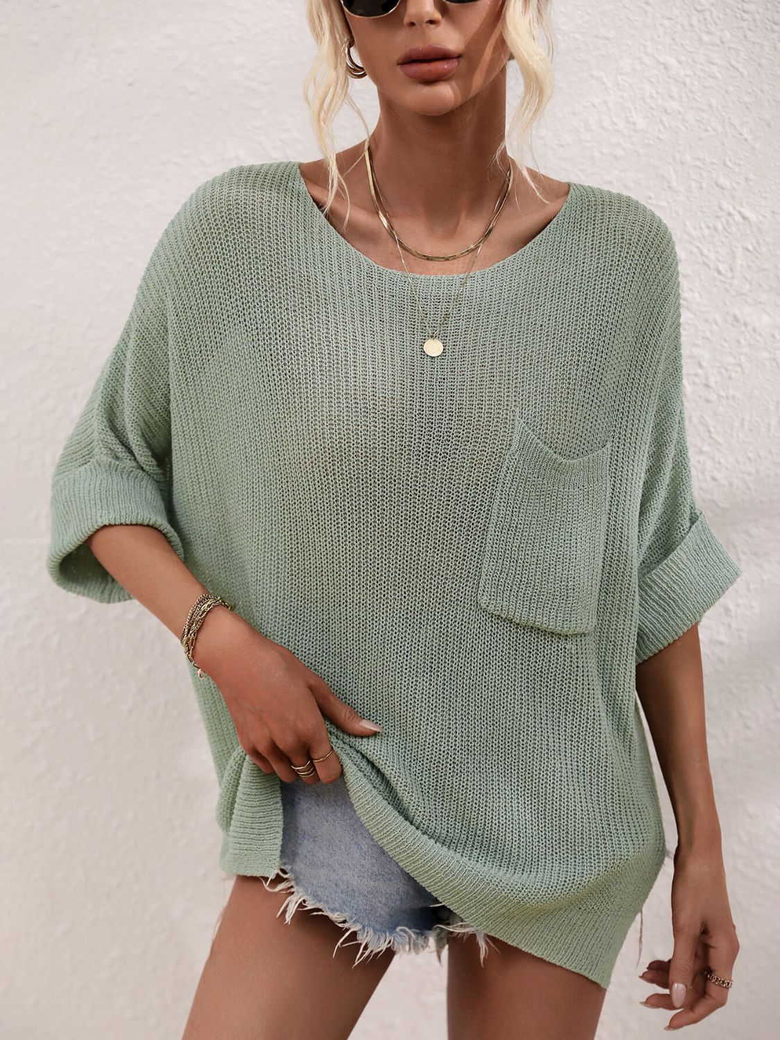 Sage relaxed knit tunic top with boat neck and chest pocket