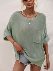 Sage relaxed knit tunic top with boat neck and chest pocket