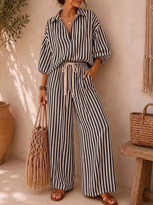 Striped Puff Sleeve Shirt And Wide-leg Pants Set in Khaki, model styling view