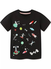 Black cotton t-shirt with whimsical space adventure print, featuring astronauts, rockets, and planets.