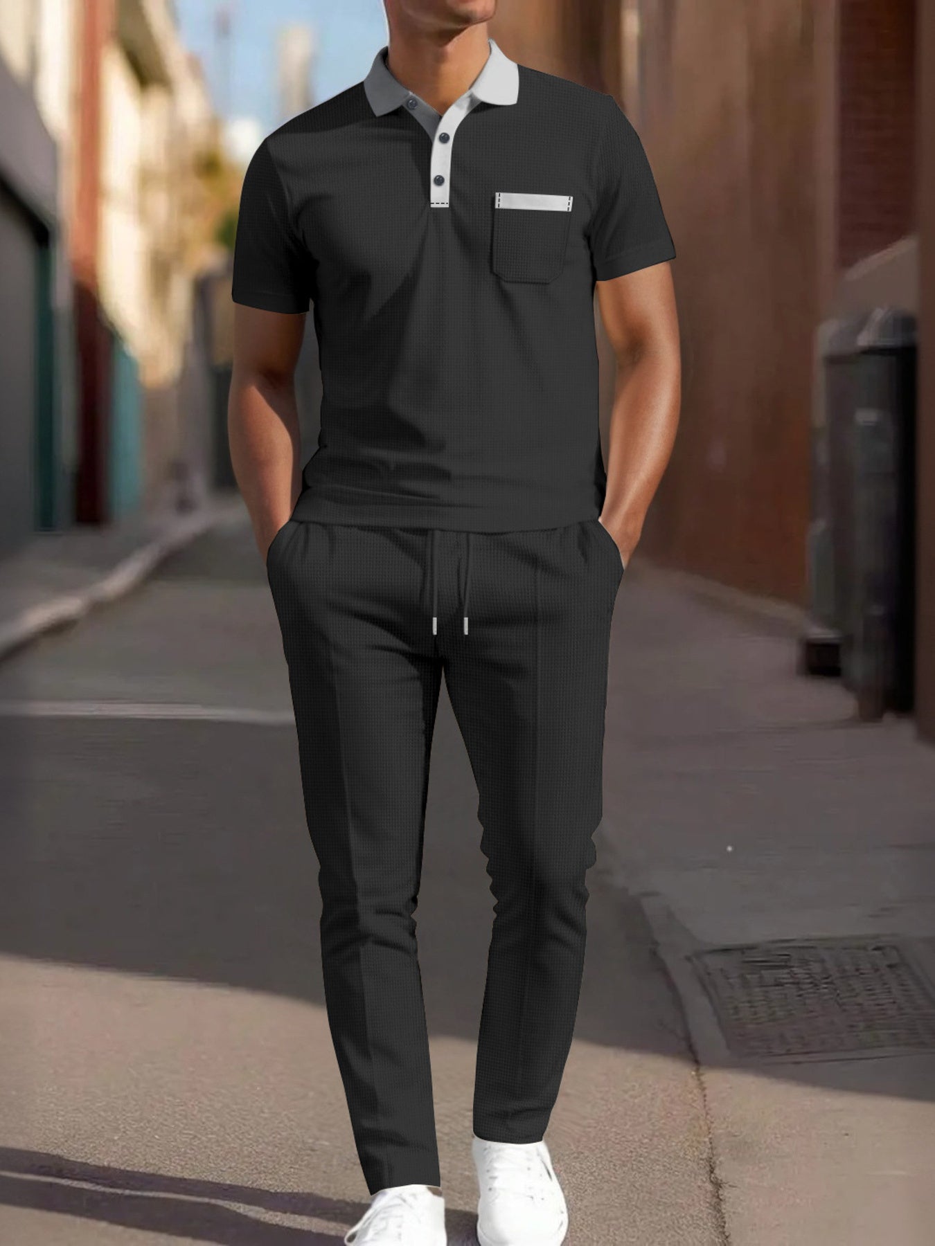 Men's Short Sleeve Polo And Pants Set Plus Size in Blue, close-up detail