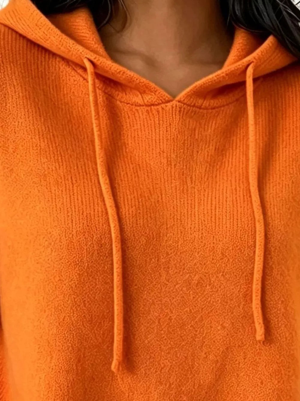 Cozy Ribbed Long-sleeve Hooded Sweater in White, back view