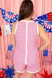 Textured stripe two-piece set with pink and cream vertical stripes and a ribbed texture.