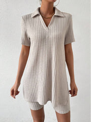 Tan ribbed polo shirt and shorts co-ord set with v-neck and collar