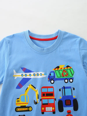 Light blue cotton toddler t-shirt with vehicle print, red neckline trim