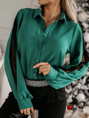 Lace-sleeve Button Up Shirt in Dark Green, front view