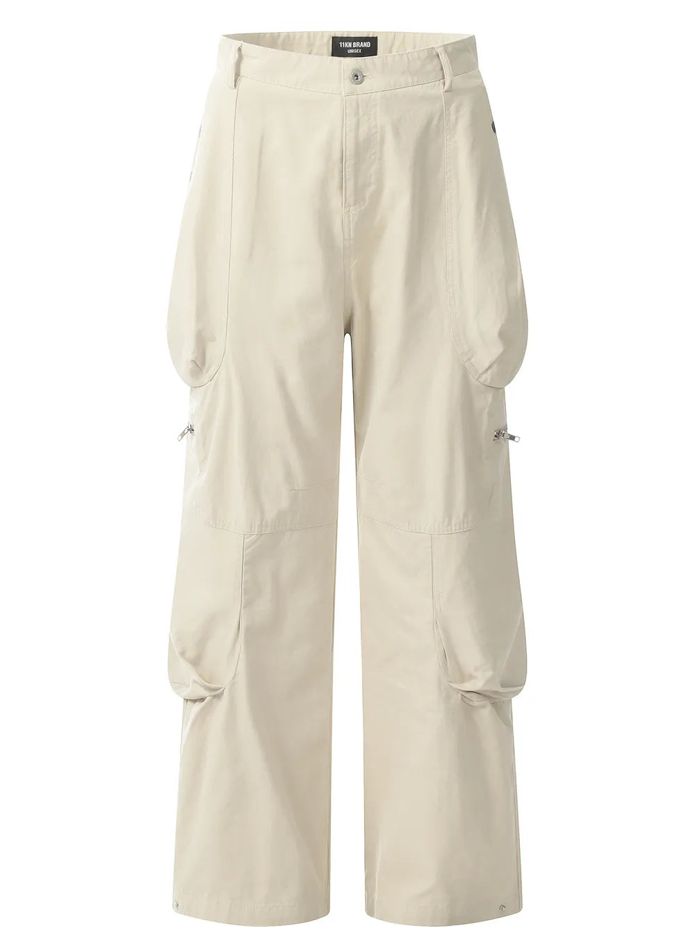 Beige men's cargo pants with multiple large pockets and zipper details.