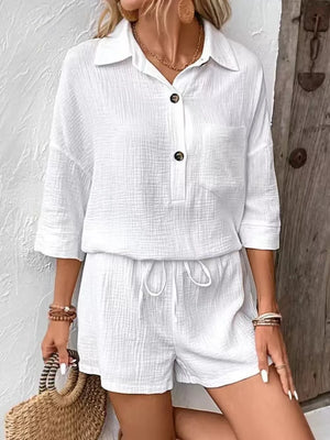 White cotton two-piece set with buttoned collared shirt and drawstring shorts