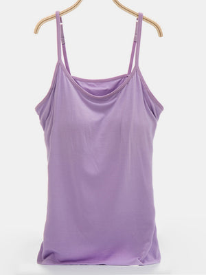 Lavender soft-cup cami with adjustable straps and a scoop neckline.
