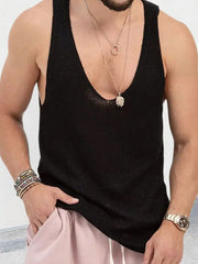 Black knit tank top for men with deep V-neck, mesh texture, and sleeveless design.