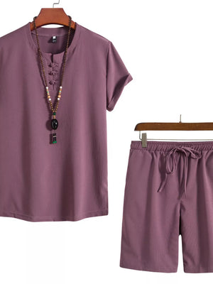 Plum purple men's mandarin collar casual set with button detail shirt and drawstring shorts.