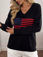 American Flag V-neck Knit Top in Black, back view