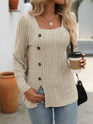 Ribbed knit top with square neck and side button detail in beige.