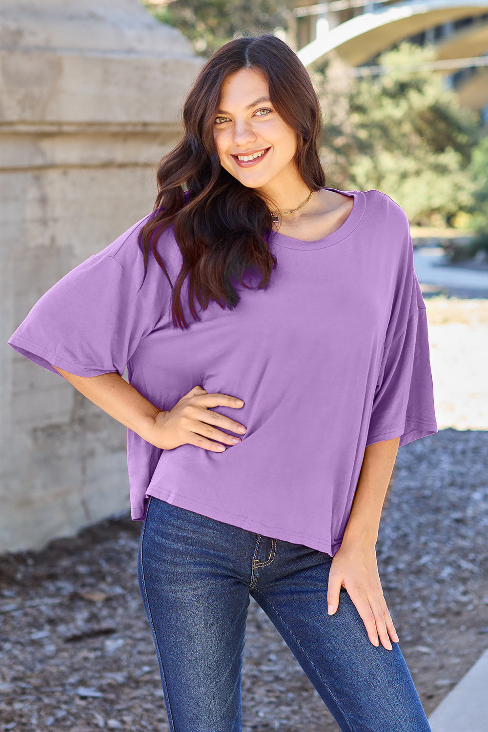 Lavender boxy dolman crop t-shirt with relaxed fit and short sleeves.