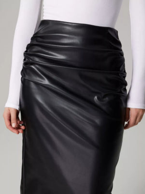 Black leather midi skirt with ruched detail and high waist.