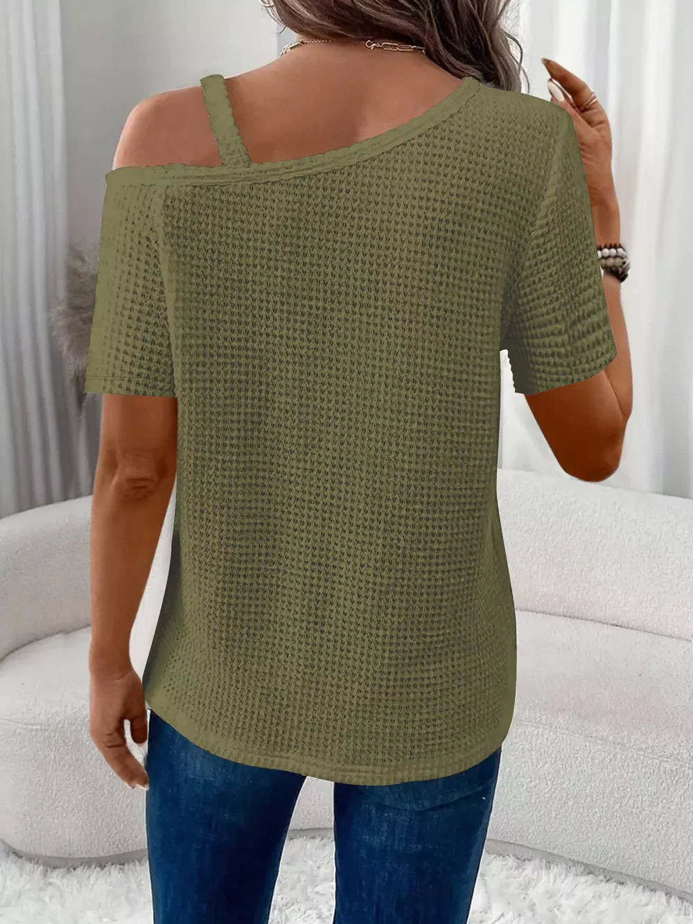Moss waffle knit one-shoulder t-shirt with cutout detail and short sleeves.