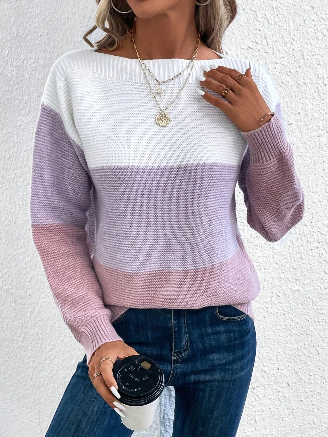 Colorblock ribbed knit sweater with boatneck, white, lavender, and pink stripes.