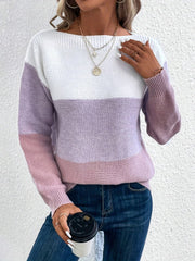 Colorblock ribbed knit sweater with boatneck, white, lavender, and pink stripes.