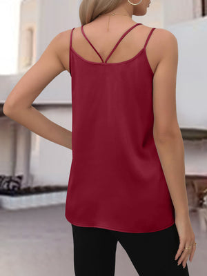 Burgundy satin camisole with crisscross back straps