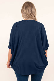 Drape-front ribbed batwing cardigan in dark blue with short sleeves and a relaxed fit.