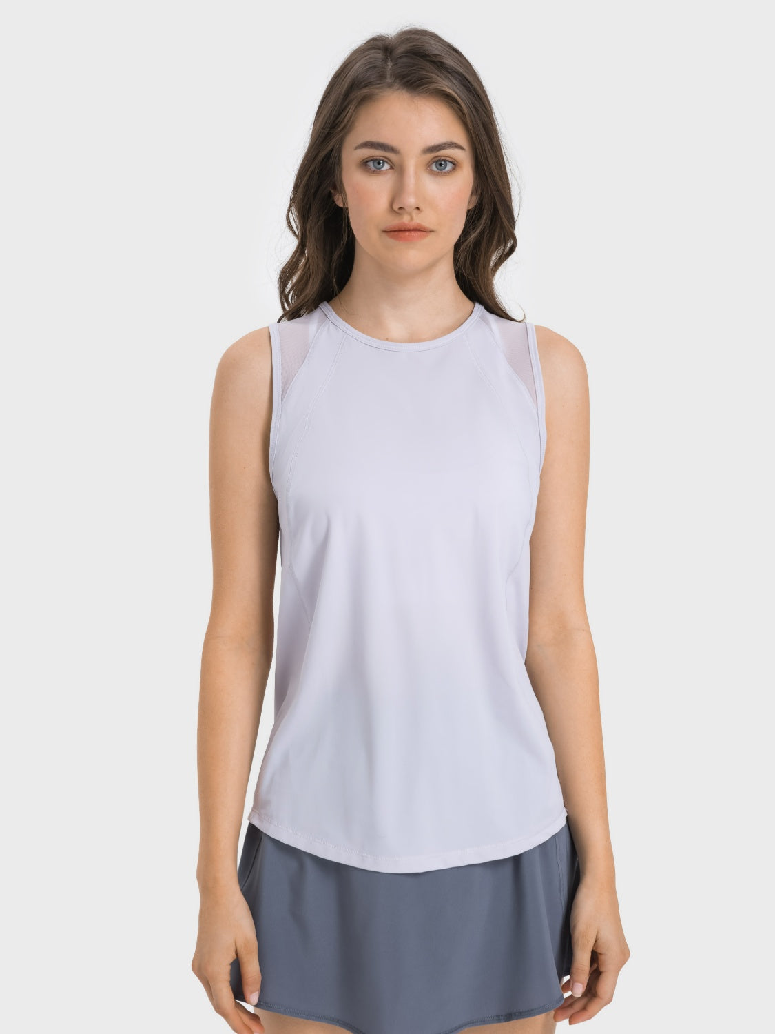 Light Gray mesh-back performance tank top with crew neck and sleeveless design.