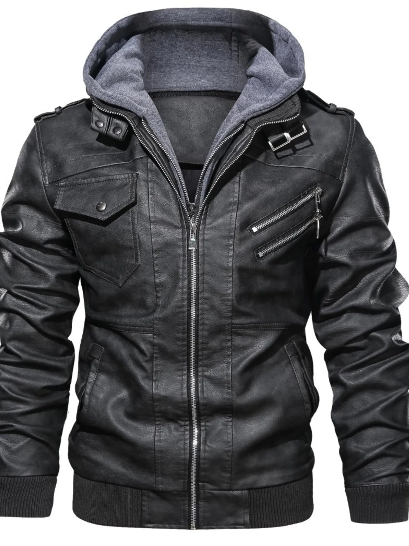 Black hooded leather jacket with zippered pockets and chest pocket.