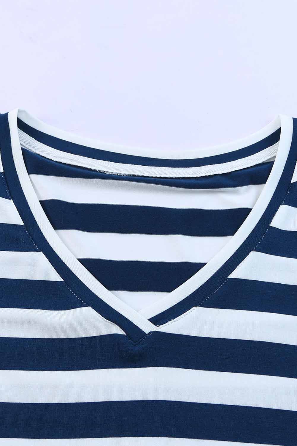 Navy and white striped jersey maxi dress with V-neck detail