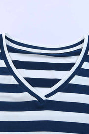 Navy and white striped jersey maxi dress with V-neck detail