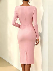Rose Embellished Asymmetrical Neck Midi Dress in Blush Pink, close-up detail