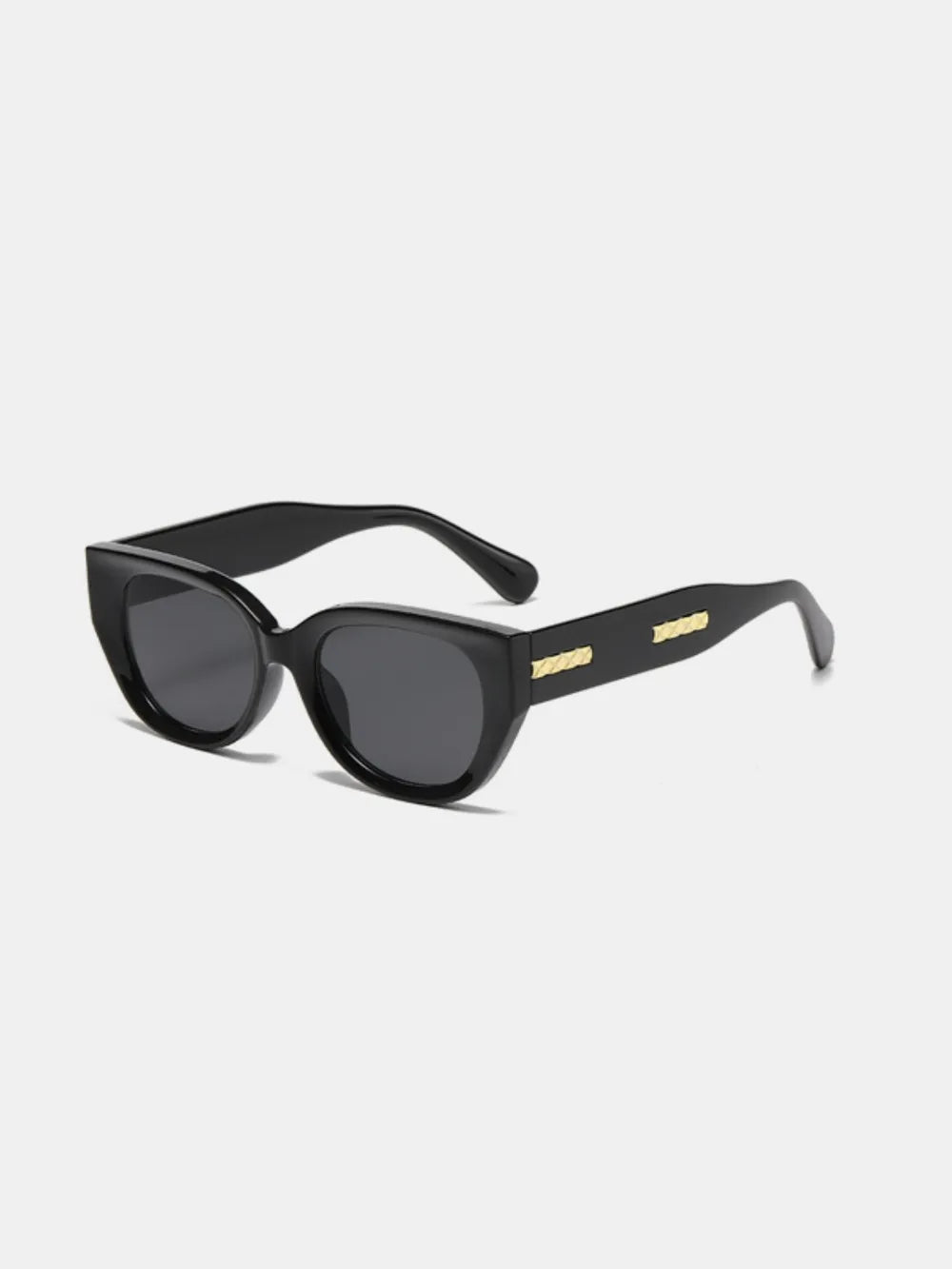 Black sculpted cat eye sunglasses with gold accents on the temples.
