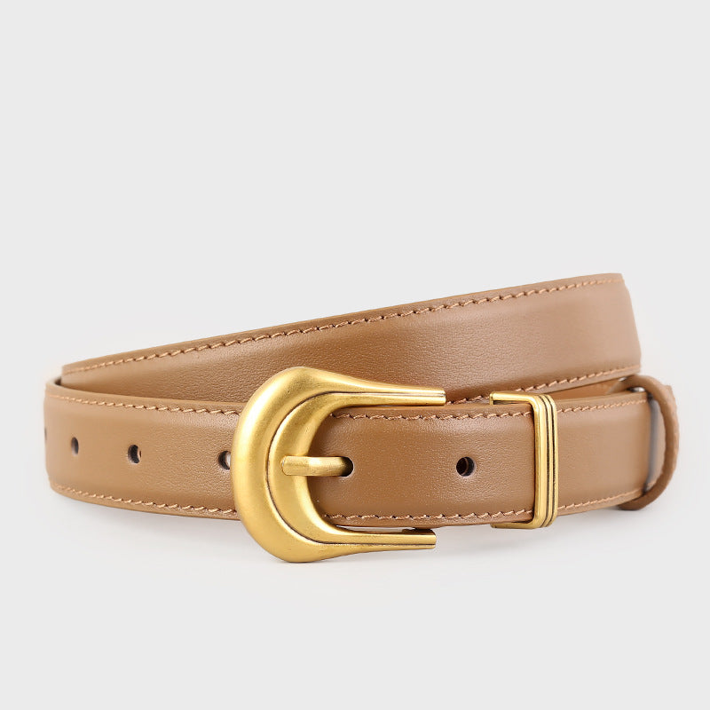 Brown cowhide leather belt with antique gold buckle