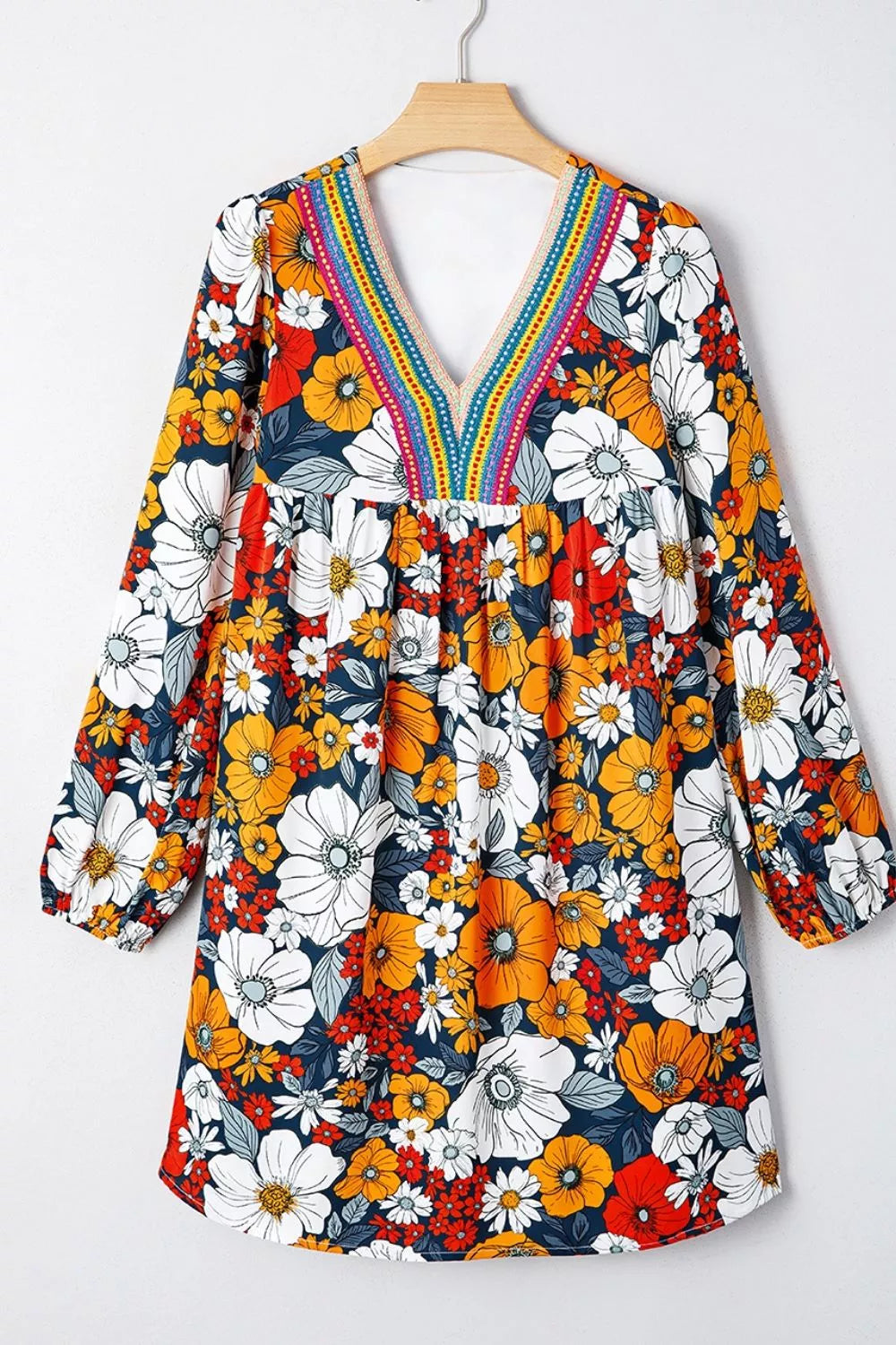 Boho Floral Print V-neck Mini Dress With Pockets in Multicolor, product detail