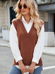 Ribbed knit V-neck sweater vest in Caramel, layered over a white collared shirt.