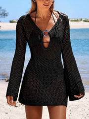 Black openwork knit cover-up dress with V-neck keyhole detail and ring accent.