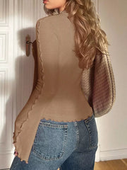 Khaki lettuce edge flare sleeve t-shirt with ribbed texture and lettuce edge hem and cuffs.