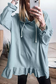 Solid Ruffled Hem Loose Fit Tunic Hoodie in Light Blue, side view