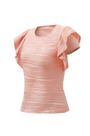 Textured ruffle sleeve bodysuit in dusty pink with a wavy ribbed pattern.