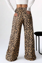 Leopard plush palazzo lounge pants with a wide leg and comfortable fit.
