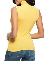 Yellow sleeveless turtleneck t-shirt with a fitted silhouette.