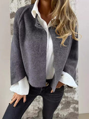 Gray fuzzy knit cardigan with button detail, open front, crew neck