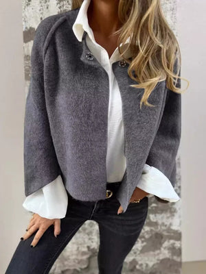 Gray fuzzy knit cardigan with button detail, open front, crew neck