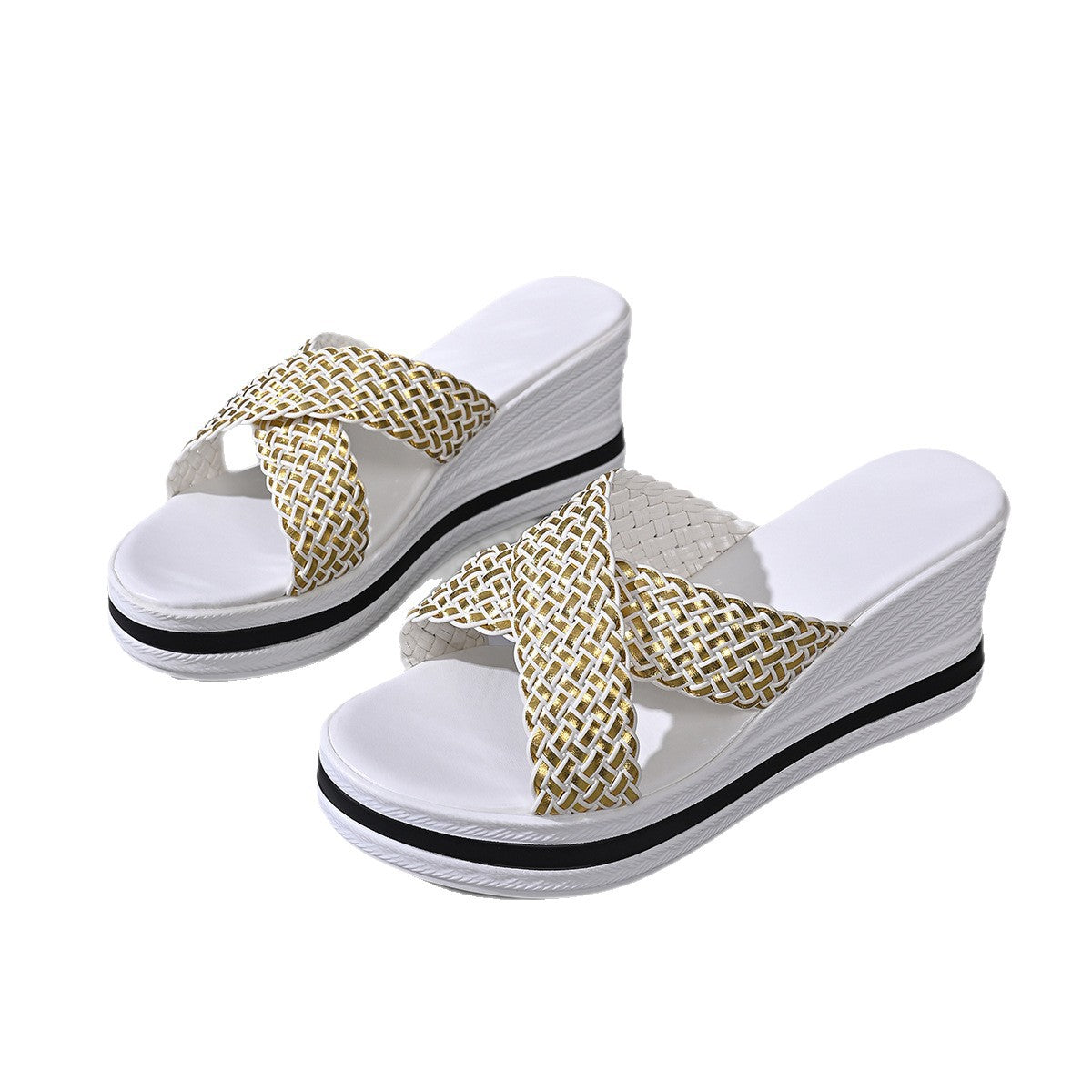 White wedge sandals with woven gold and white straps and a black stripe detail.