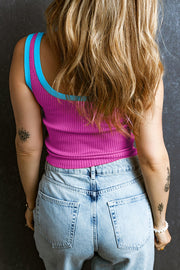 Ribbed tank top in hot pink with sky blue contrast trim and scoop neck.