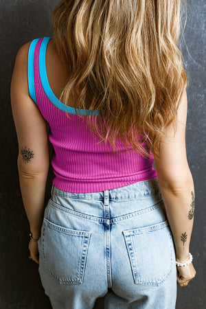 Ribbed tank top in hot pink with sky blue contrast trim and scoop neck.